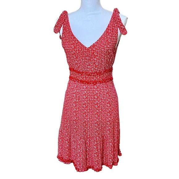 Red & White Crosshatched Deep V-neck Sundress with Open Back Size S - Picture 2 of 10